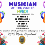 MUSICIAN OF THE MONTH MARCH PROUDLY PRESENTED TO S1 Robbie Jπ΅ π« S2 Stephanie Mπ΅ π« S3 Summer Mπ΅ π« S4 Cody Gπ΅ π« S5 Emily Cπ΅ π« S5 Jessica Gπ΅ π« for excellent effort, participation and progress in Music. KHS Music Department.