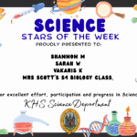 Science Stars of the Week Proudly Presented to: 🌟 Shannon M 🌟 Sarah W 🌟 Vakaris K 🌟 Mrs Scott's S4 Biology class. For excellent effort, participation and progress in Science. KHS Science Department.