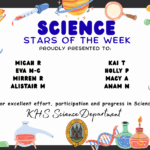 Science Stars of the Week Proudly Presented to: 🌟 Micah R 🌟 Eva N-G 🌟 Mirren R 🌟 Alistair M 🌟 Kai T 🌟 Holly P 🌟 Macy A 🌟 Anam N For excellent effort, participation and progress in Science. KHS Science Department.