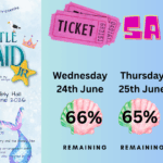 Promotional graphic for Kirkcaldy High School’s production of Disney’s The Little Mermaid Jr. The left side shows the show poster with an underwater theme, featuring sea-themed illustrations and performance details. Performances are at 7pm on 24, 25 and 26 June 2026 in the Assembly Hall. Ticket prices are £8 full price and £5 concessions. The right side displays ticket sales progress: Wednesday 24 June is 66% sold, Thursday 25 June is 65% sold, and Friday 26 June is 46% sold.