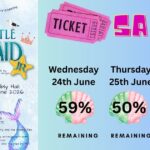 Promotional graphic for Kirkcaldy High School’s production of Disney’s The Little Mermaid JR. Performances take place live in the Assembly Hall at 7pm on Wednesday 24th, Thursday 25th and Friday 26th June 2026. Ticket prices are £8 full price and £5 concessions. A sales update shows remaining ticket availability: 59% remaining for Wednesday, 50% remaining for Thursday, and 32% remaining for Friday. The design uses sea-themed illustrations including shells, a mermaid tail, starfish, fish and theatre ticket graphics.