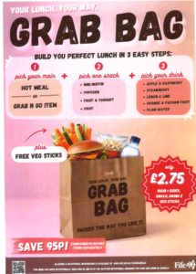 Alt Text: Promotional poster for a school lunch "Grab Bag" meal deal. The poster has a pink and orange gradient background and large text reading “Your Lunch. Your Way. Grab Bag.” Instructions show three steps: choose a main (hot meal or grab-and-go item), choose one snack (mini muffin, popcorn, fruit and yogurt, or fruit), and choose a drink (apple and raspberry, strawberry, lemon and lime, orange and passion fruit, or plain water). A brown paper grab bag in the centre contains a burger, vegetable sticks, popcorn, and a bottle of water, with a label offering free vegetable sticks. A red starburst highlights the price of £2.75, including a main, side, snack, drink, and vegetable sticks. A banner at the bottom states “Save 95p compared to buying items separately.” Fife Council branding appears in the bottom-right corner.