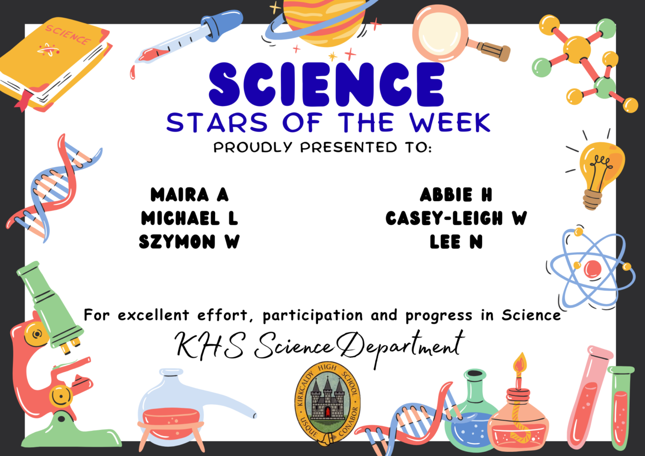 Science Stars of the Week Proudly Presented to: 🌟 Maira A 🌟 Michael L 🌟 Szymon W 🌟 Abbie H 🌟 Casey-Leigh W 🌟 Lee N For excellent effort, participation and progress in Science. KHS Science Department.