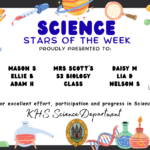Science Stars of the Week Proudly Presented to: 🌟 Mason S 🌟 Ellie B 🌟 Adam H 🌟 Mrs Scott's S3 Biology class 🌟 Daisy M 🌟 Lia D 🌟 Nelson S For excellent effort, participation and progress in Science. KHS Science Department.