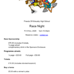 Alt text: Promotional flyer for the Friends of Kirkcaldy High School Race Night. At the top is a cartoon illustration of two racehorses running. Below, the text reads: "Friends Of Kirkcaldy High School Race Night", taking place on Friday 6 November 2026 from 7:00pm to 10:30pm. The flyer invites people to reserve a table via a contact link. Information includes race sponsorship for £75 (including six tickets, a half-page advert and a complimentary drink in the Sponsors Enclosure), programme adverts (£25 for a half-page or £50 for a full page), tickets at £10 including stovies or macaroni, and horse ownership for £5 with a winner's prize. Sponsors and horse owners receive access to a Special Enclosure with a complimentary drink. A licensed bar will be available on the night.