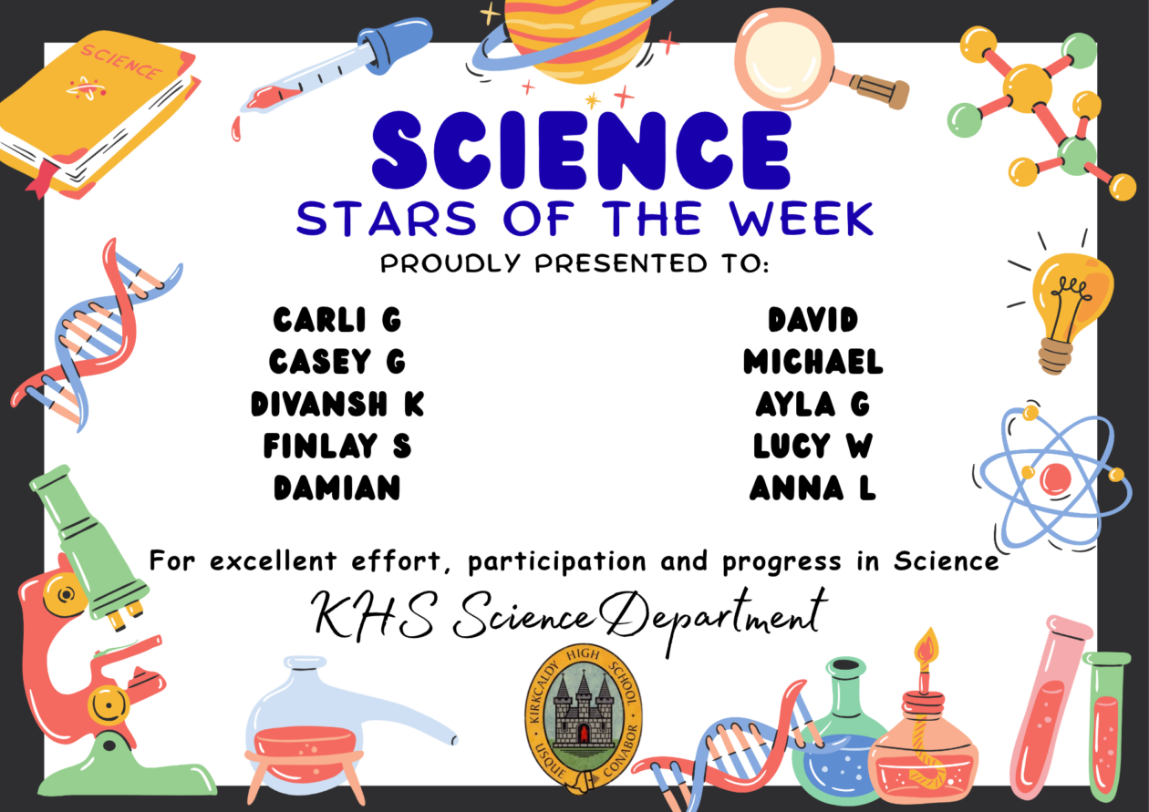 Science Stars of the Week Proudly Presented to: 🌟 Carli G 🌟 Casey G 🌟 Divansh K 🌟 Finlay S 🌟 Damian 🌟 David 🌟 Michael 🌟 Ayla G 🌟 Lucy W 🌟 Anna L For excellent effort, participation and progress in Science. KHS Science Department.