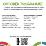 Poster for the Parasport Pathway October Programme. The poster advertises free multi-activity sports sessions for young people with disabilities and additional support needs from P1 to S6. Sessions are available at Levenmouth Academy, Dunfermline Learning Campus, Castlehill Primary (Cupar) and Dunfermline High during October. A QR code and web link are provided for registration.
