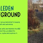 Informational poster titled "Middleden Background". The poster explains the work of the Middleden volunteer group and features a photograph of people riding mountain bikes on a woodland trail. It highlights the group's efforts to keep Middleden clean, safe and welcoming, including litter picking, path clearing and trail maintenance.