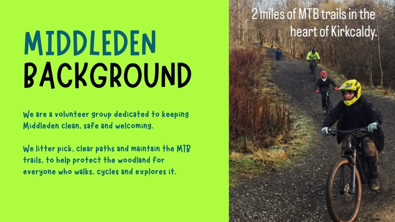 Informational poster titled "Middleden Background". The poster explains the work of the Middleden volunteer group and features a photograph of people riding mountain bikes on a woodland trail. It highlights the group's efforts to keep Middleden clean, safe and welcoming, including litter picking, path clearing and trail maintenance.