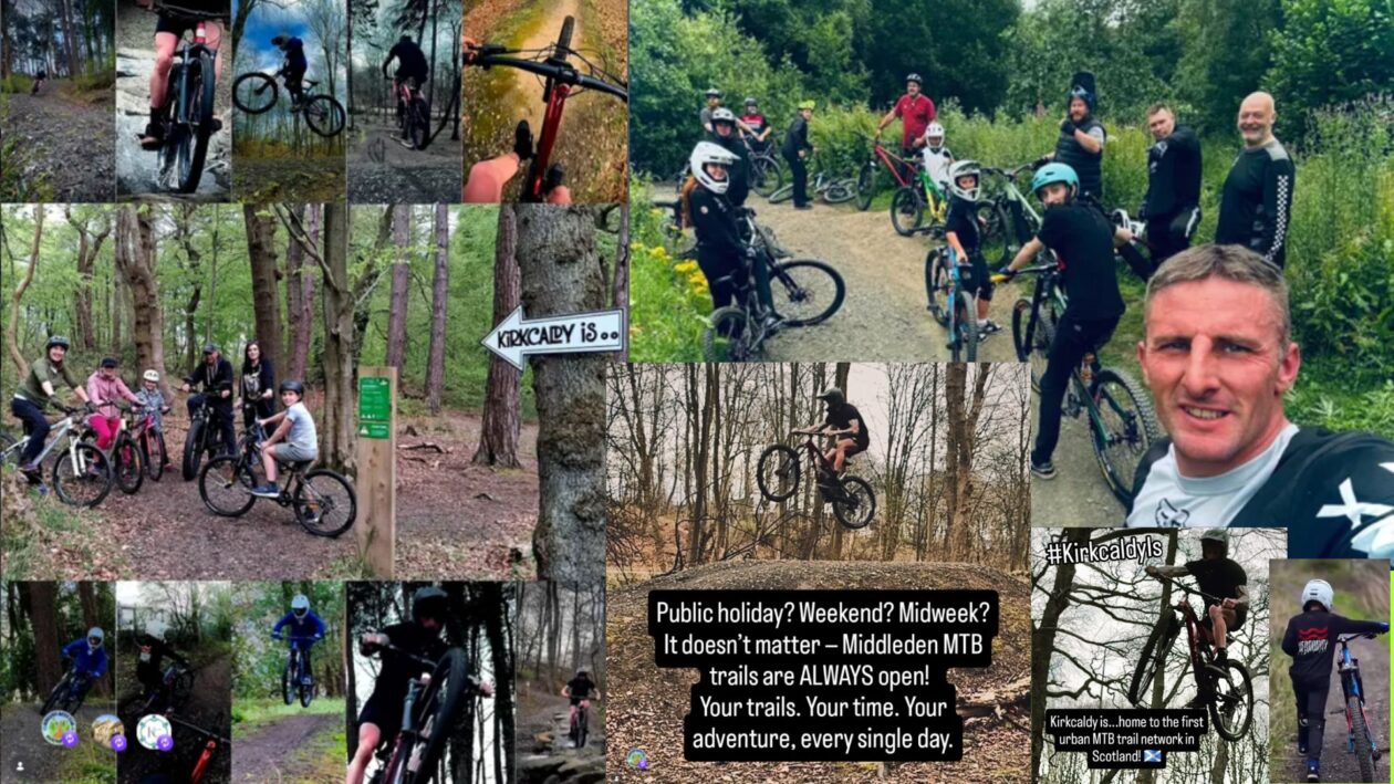 Collage promoting mountain biking and outdoor recreation in Middleden, Kirkcaldy. The image features photographs of cyclists riding woodland trails, groups of riders gathering in the forest, and action shots of mountain bikers on jumps and tracks. Text highlights that Middleden has 2 miles of mountain bike trails and promotes the area as a year-round destination for cycling and outdoor adventure.