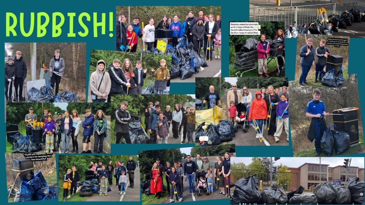 Collage of photographs showing volunteers taking part in community litter-picking activities in the Middleden area of Kirkcaldy. The images show groups of volunteers with litter-picking equipment, filled refuse sacks, and piles of collected rubbish. A large heading reads "RUBBISH!", highlighting the scale of waste removed from the local environment.