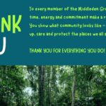 A landscape-format infographic with a bright green background and a banner photograph across the top showing tall green bamboo stems and foliage viewed from below. A large heading reads: WHAT WE HAVE ACHIEVED THIS YEAR SO FAR! Below the heading, black text summarises the group's environmental impact during 2026. The information states: 20 litter-picking sessions have taken place so far in 2026. An average of 200 heavy-duty bags of rubbish have been filled. An estimated 1,000 kg (1 tonne) of waste has been removed from Middleden. The weight removed is described as being roughly equivalent to the weight of a small car or a Highland pony. Typical litter bags contain 15-20 plastic bottles, leading to an estimated 3,000-4,000 plastic bottles removed from the area. 150 kg of bulky waste has been cleared. Streams have been cleared of shopping trolleys and other debris. Multiple incidents of fly-tipping have been identified and reported. The infographic uses large, high-contrast text to present key achievements and environmental statistics. The bright green colour scheme reinforces the themes of conservation, community action and environmental stewardship. The overall message emphasises the significant contribution made by volunteers in improving and protecting the Middleden woodland area during 2026.