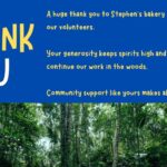 Thank-you slide recognising Stephen's Bakery for supporting the Middleden Green Team. Large "THANK YOU" text appears beside a message expressing appreciation for the bakery's support of volunteers. A woodland photograph fills the lower part of the slide.