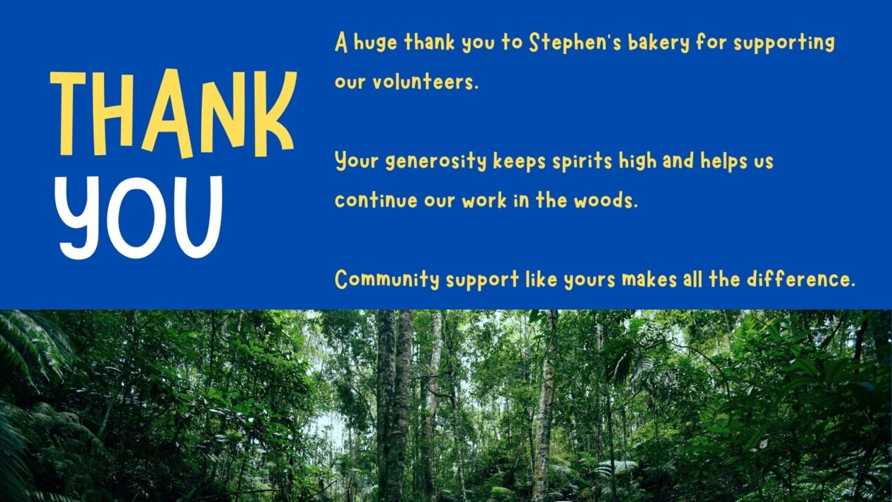 Thank-you slide recognising Stephen's Bakery for supporting the Middleden Green Team. Large "THANK YOU" text appears beside a message expressing appreciation for the bakery's support of volunteers. A woodland photograph fills the lower part of the slide.