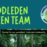 Banner for the Middleden Green Team. The design features large bright green text on a dark teal background alongside the Middleden Green Team logo. Below, a photograph of a woodland area is overlaid with the message: "Caring for our woodland, trails and community."
