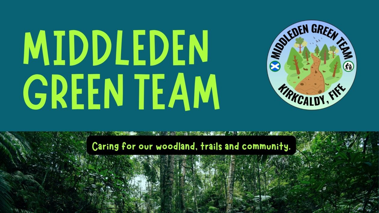 Banner for the Middleden Green Team. The design features large bright green text on a dark teal background alongside the Middleden Green Team logo. Below, a photograph of a woodland area is overlaid with the message: "Caring for our woodland, trails and community."