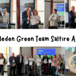 Collage celebrating Middleden Green Team Saltire Awards. The image shows several young volunteers receiving Saltire Award certificates and commemorative biscuits during an award presentation. The central title reads "Middleden Green Team Saltire Awards", and a group photograph shows award recipients alongside adult volunteers and organisers.