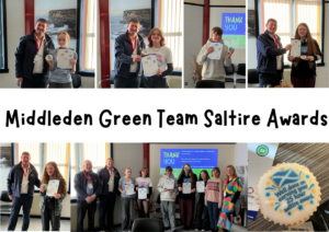 Collage celebrating Middleden Green Team Saltire Awards. The image shows several young volunteers receiving Saltire Award certificates and commemorative biscuits during an award presentation. The central title reads "Middleden Green Team Saltire Awards", and a group photograph shows award recipients alongside adult volunteers and organisers.