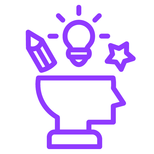 A purple image showing an outline of a head with a pencil, a lightbulb and star bursting from it.