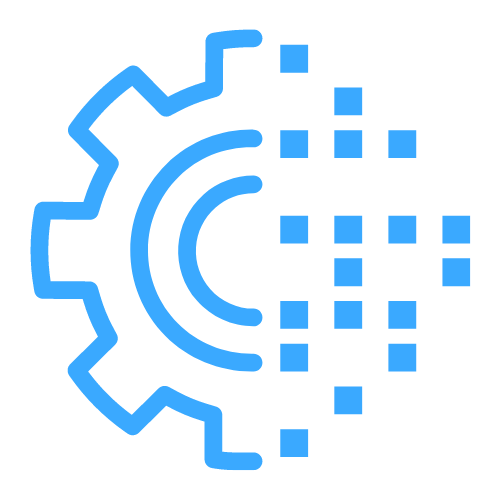 A blue cog shape which is disintegrating into pixels at the right hand side.
