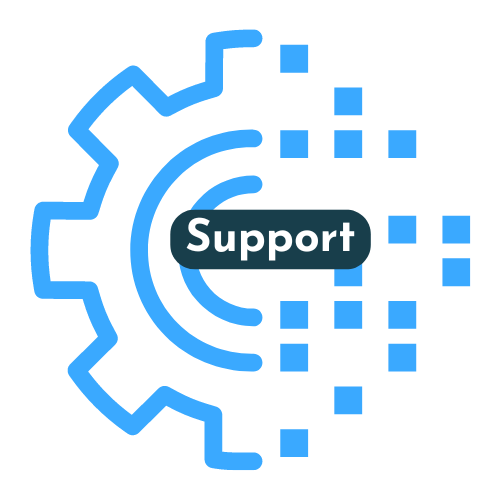 A blue cog shape which is disintegrating into pixels at the right hand side. This is a link to access the Support page. 