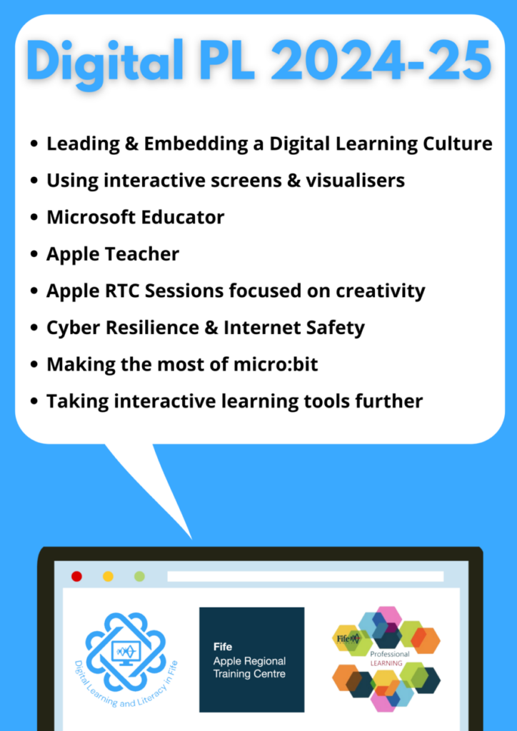 A poster advertising the Digital PL planned in 2024-25.  You can access these and sign up on the Fife Intranet.