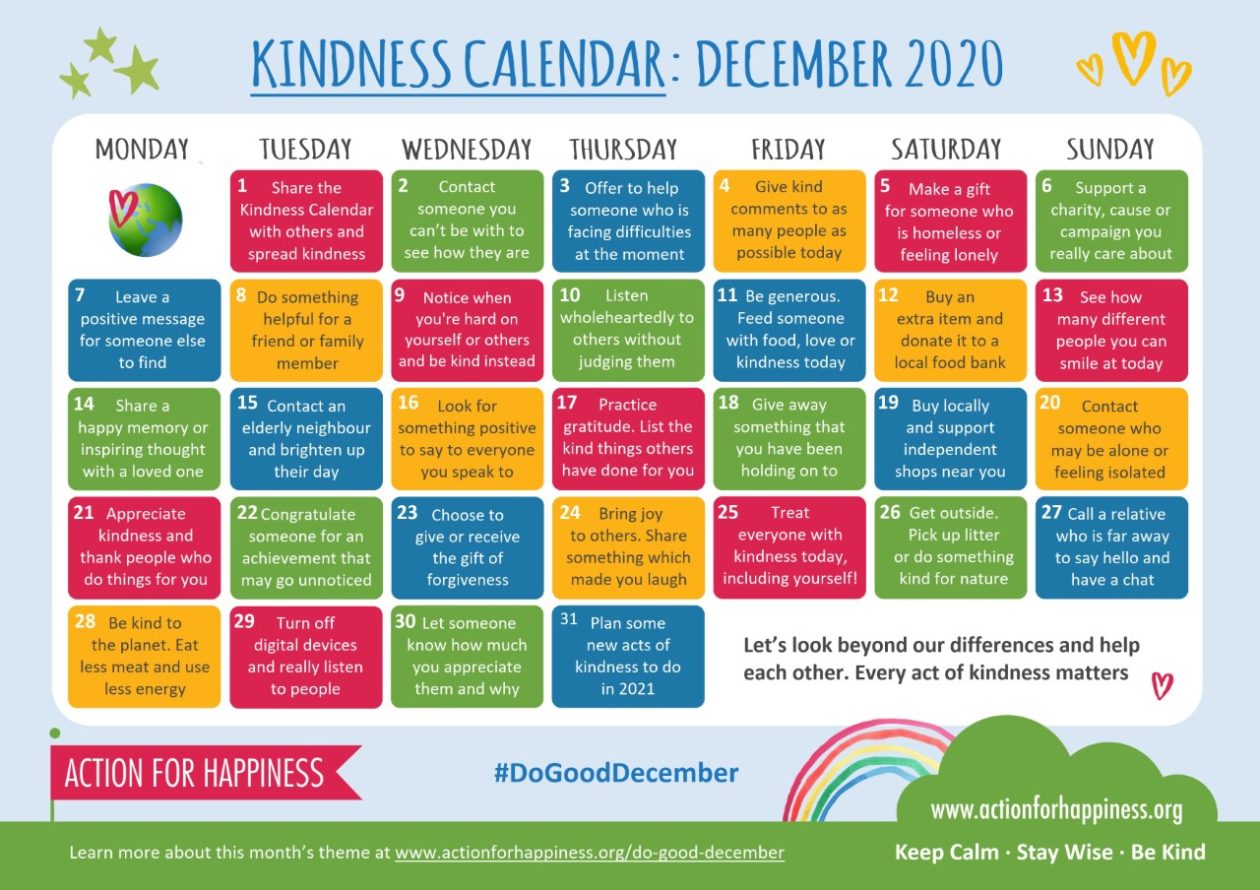 Kindness Calendar December 2020 Notre Dame High School