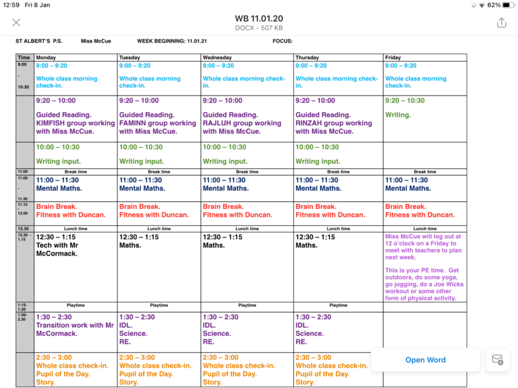 Weekly Timetable for Online Learning | P6/7 2020/2021