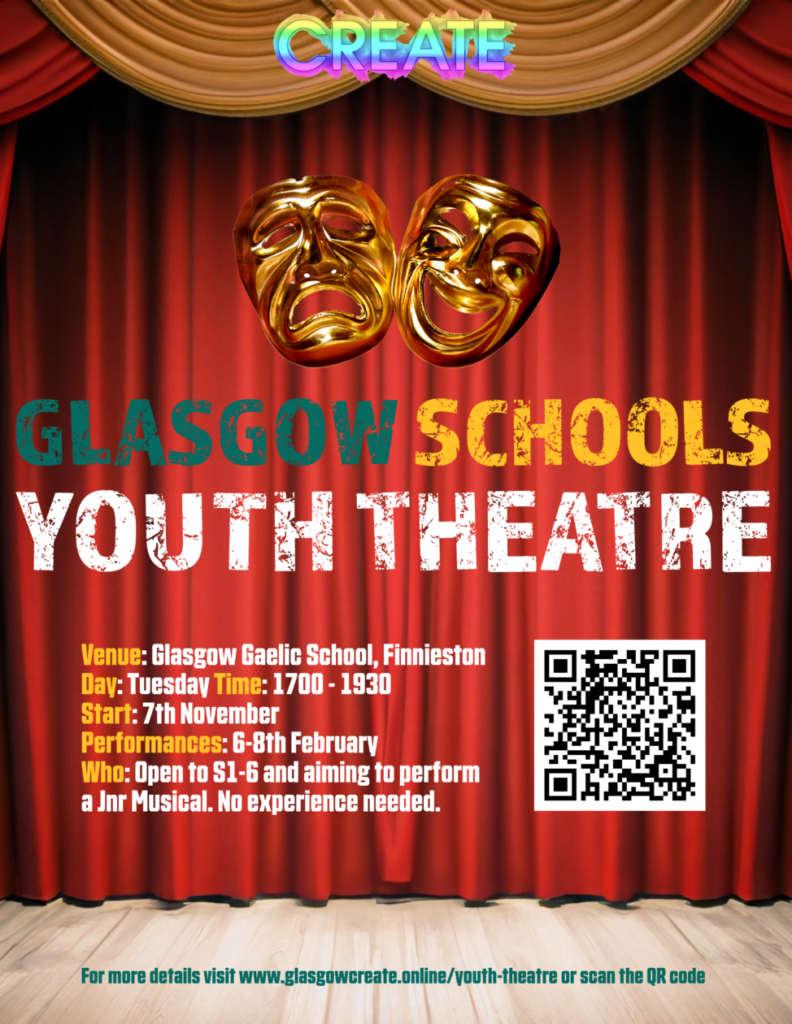 Flyer describing the launch of Glasgow Schools' Youth Theatre