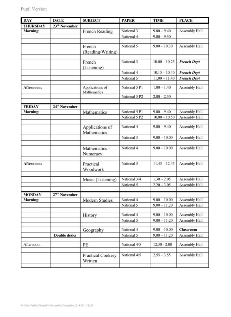 Prelim/ Exam Timetables – Hillpark Secondary