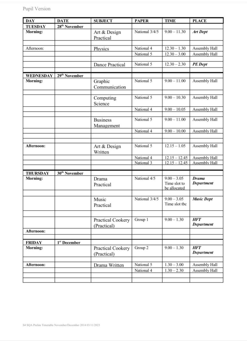 Prelim  Exam Timetables – Hillpark Secondary