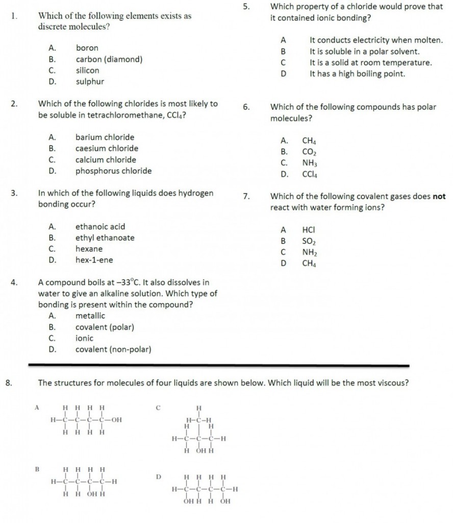 Exercise 5: Bonding & Structure – Higher Chemistry Unit 1 Consolidation ...