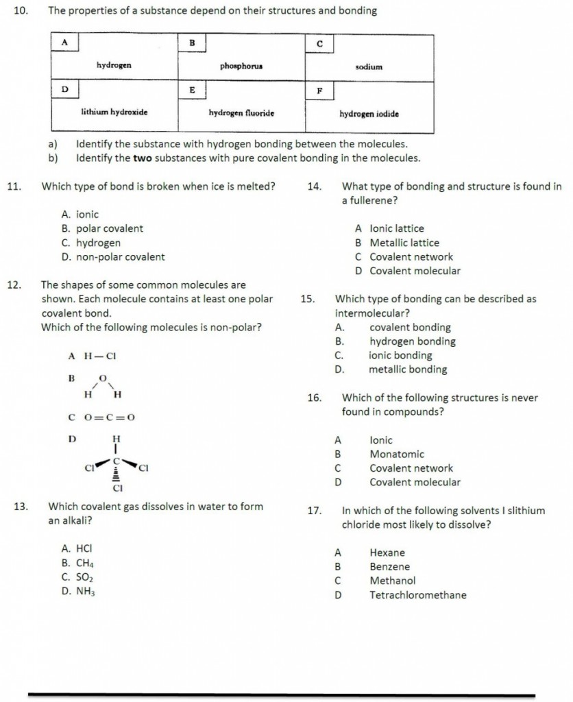 Exercise 3: Bonding & Structure – Higher Chemistry Unit 1 Consolidation ...