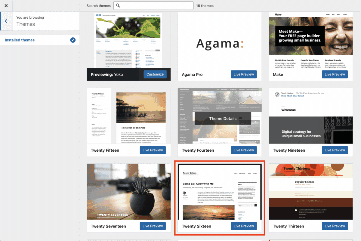 Screenshot of the Theme Picker in Glow Blogs, the Twenty Sixteen theme is marked with a red rectangle.