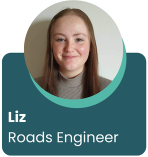 A young white woman with long brown hair, smiling. Under her picture it says Liz and Roads Engineer.