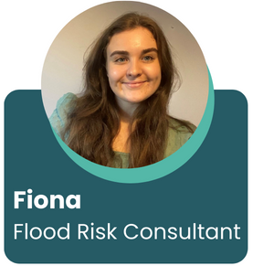 A young white woman with long brown hair, smiling. Under her picture it says Fiona and Flood Risk Consultant