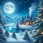 Snowy night scene, with a big moon