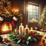 A cozy Advent scene in a warm and inviting living room. A beautifully lit Advent wreath with four candles sits on a rustic wooden table