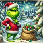 whimsical-illustration-of-a-grumpy-mischievous-green-creature-inspired-by-the-Grinch-standing-in-a-snowy-winter-landscape.