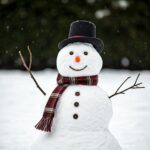 A snowman with a black top hat, red plaid scarf, and stick arms.