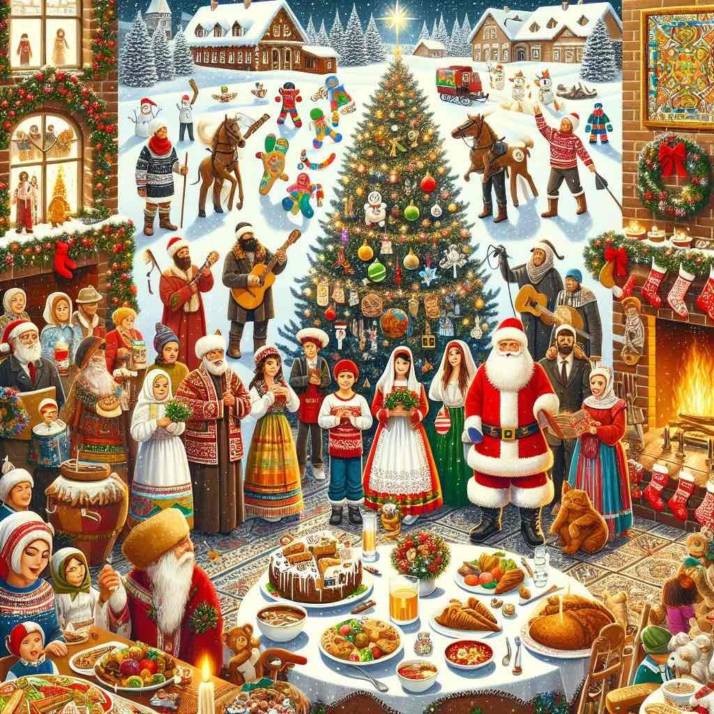 A festive Christmas scene with people, a decorated tree, and a large dining table filled with holiday foods.