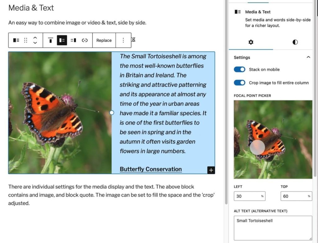 Screenshot of the WordPress image & text blok on glow blogs. A butterfly in the image section and a quote in the text. The setting sidebar is showing.