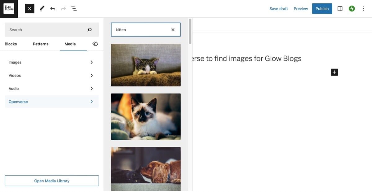 A screenshot of the WordPress Post editor with Openverse open in the block inserter, a search for kittens is visible.