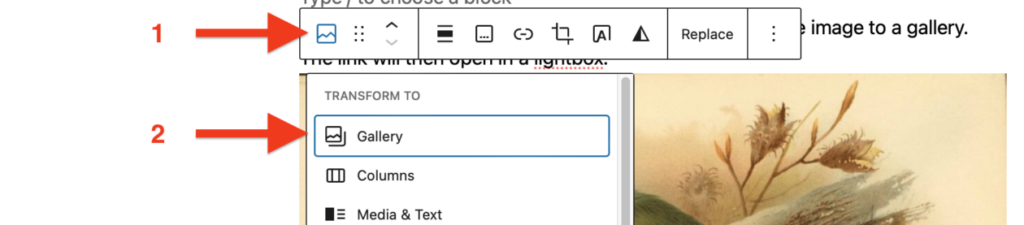 Screenshot of the top toolbar on an image block. The image icon has been pressed. There are numbered arrows. 1 pointing to the image icon, 2 pointing to the transform to galley icon in the popumenu.