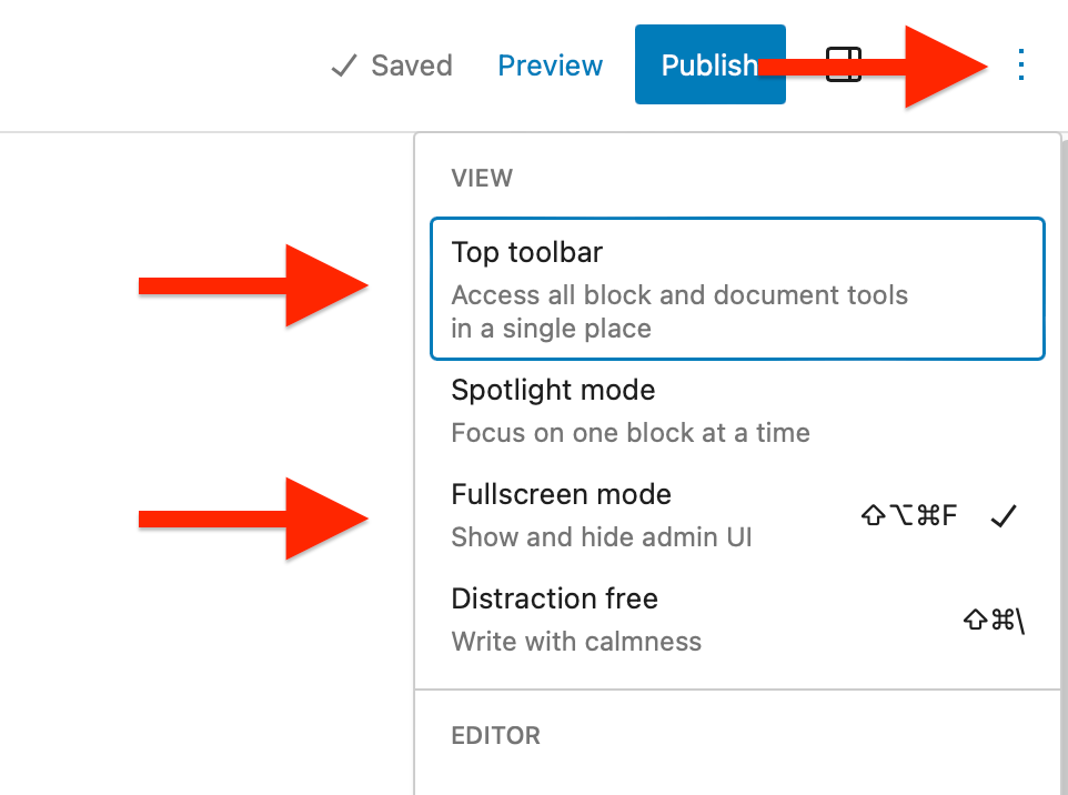 Screenshot of the Block Editor Options