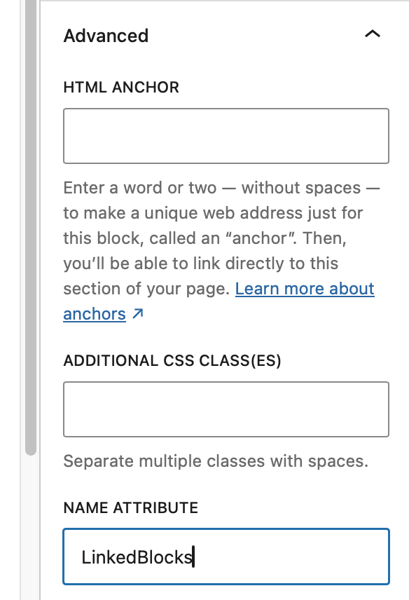 Screenshot of Advanced section of the Block settings sidebar. A Name attribute has been added.