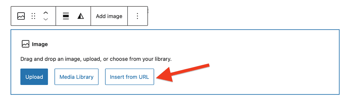 WordPress Image block with a red arrow pointiong to the Insert from Url button.