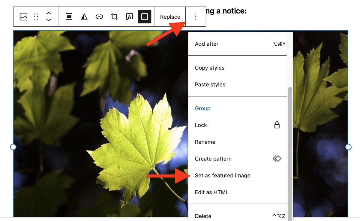 Screenshot showing how to se an image to be the Featured image in Glow blogs. There is a red arrow pointing to the vertical elispe and another to the Featured Image item in the menu that pops up.