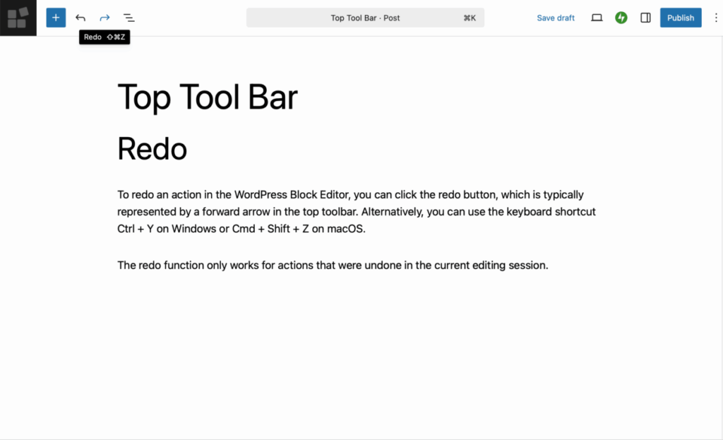 secreenshot of blcok edtor showing explainatino of redo button on top toolbar
