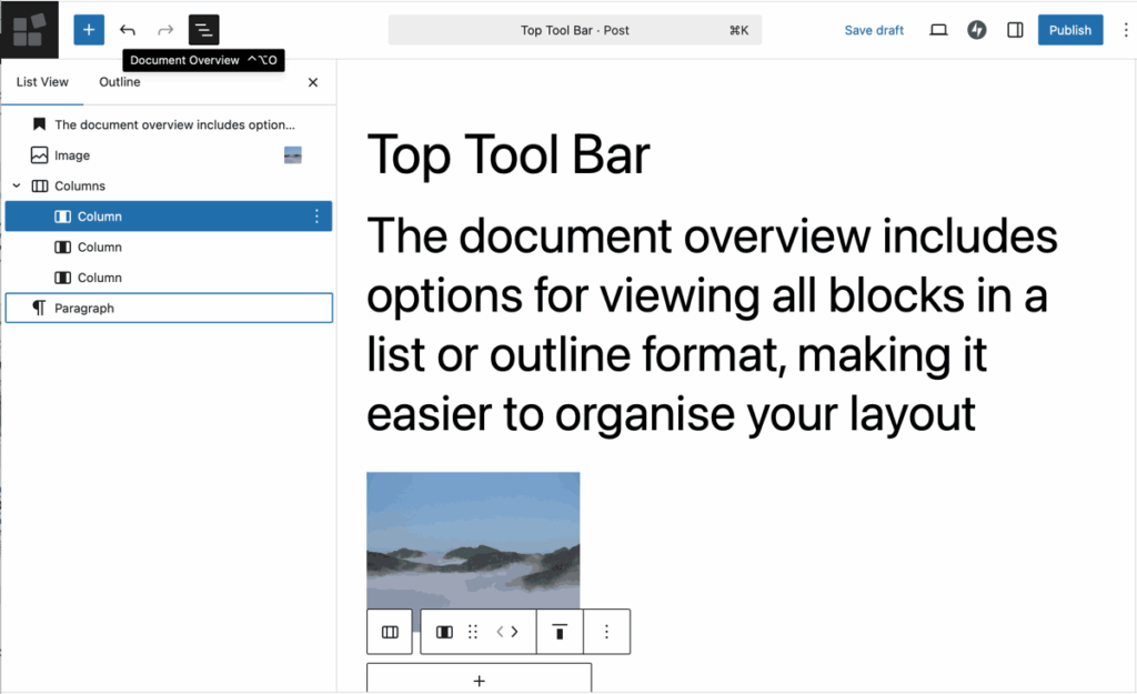 secreenshot of block edtor showing explanation of document overview button on top toolbar